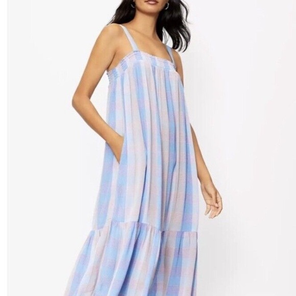 NWT LOFT summer plaid maxi dress blues pink purple - Picture 1 of 4
